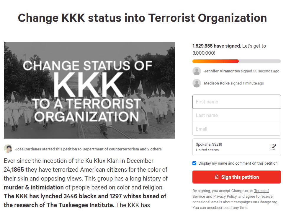 Ku Klux Klan seja considerada uma organizacao terrorista 5